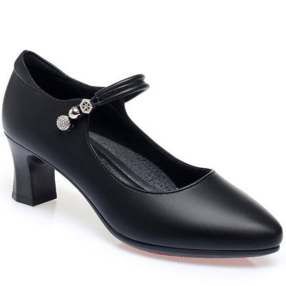 Mom Shoes High Heel Pumps Women's Middle-aged Shoes With Buckle Mid Heel Women's Leather Shoes